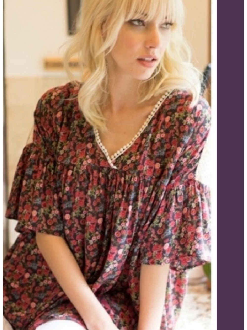 Easel Floral Crochet Lace Peasant Blouse Top Size M EUC Boho Festival Babydoll